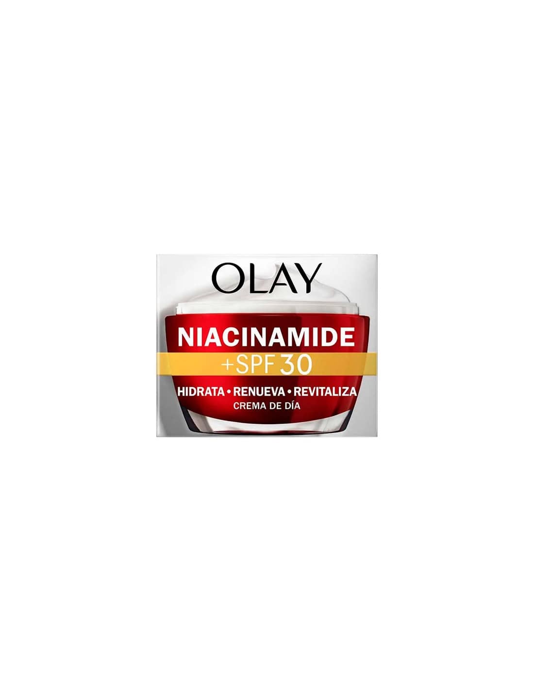Olay Niacinamida24 Vitamin E Day Moisturizer Cream with SPF 30 in 50ml jar, featuring smooth texture and hydration benefits