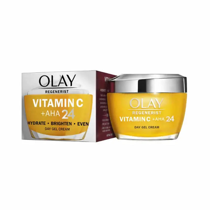 Olay Regenerist Vitamin C + AHA 24 Day Gel Cream in 50ml jar, featuring brightening and anti-aging skincare from Jag Couture London.