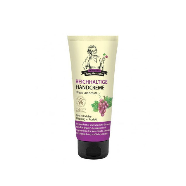 Jag Couture London Oma Gertrude Nutritive Hand Cream 75ml, creamy moisturizer in a sleek tube with a floral design.