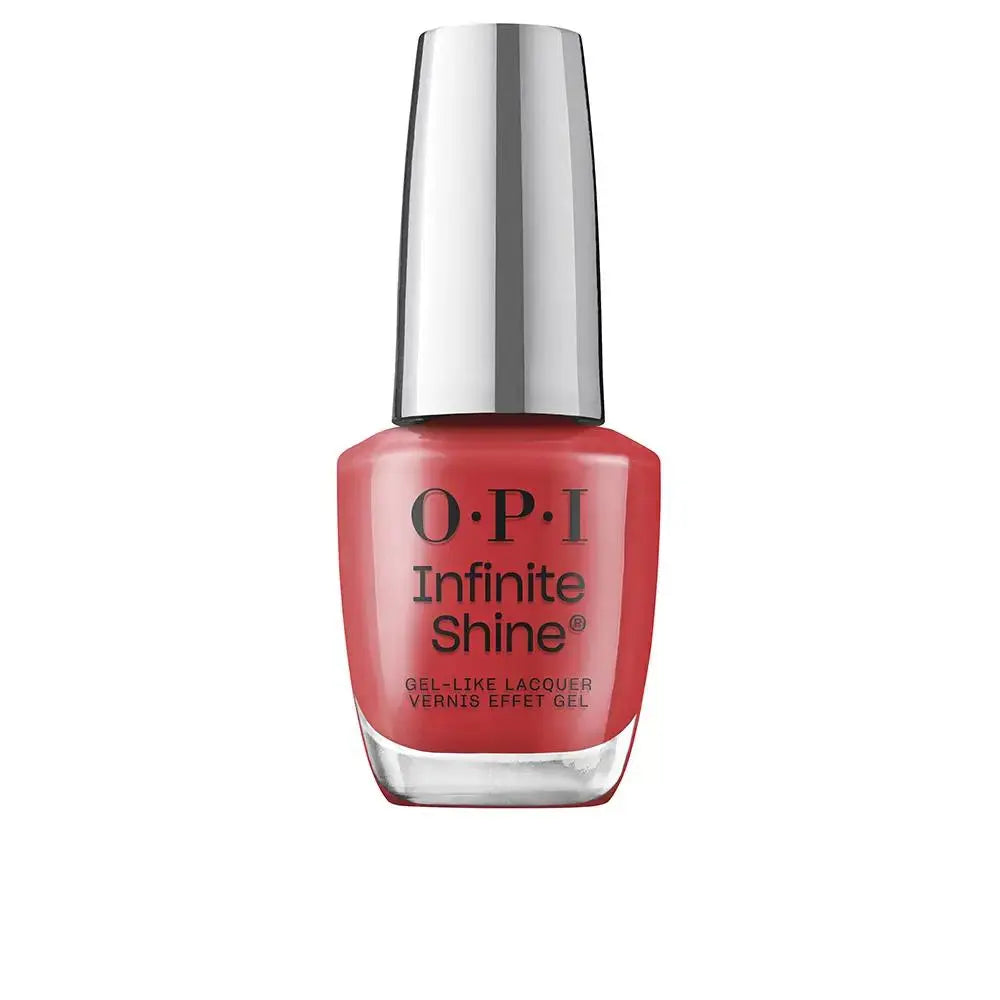 Opi Infinite Shine long-lasting gel-effect nail polish in Cajun Shrimp 15ml by Jag Couture London New York, showing the vibrant nail color.