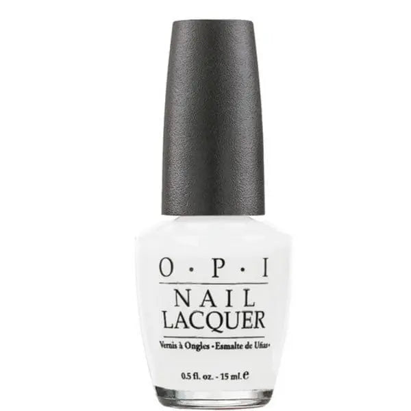 Opi Nail Lacquer Nll00 Alpine Snow 15ml bottle with silver cap, showcasing the white nail polish color against a neutral background.