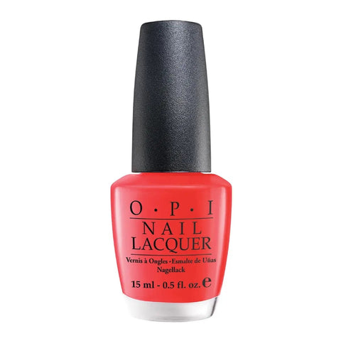 Opi Nail Lacquer NLM21 My Chihuahua Bites! 15ml bottle showing bright coral nail polish with a black cap, by Jag Couture London - New York.