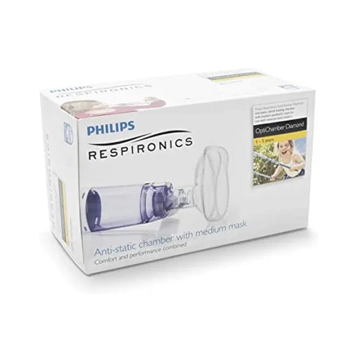 Optichamber Diamond adult nebulizer mask by Jag Couture London New York, clear plastic mask with adjustable straps for comfortable fit.