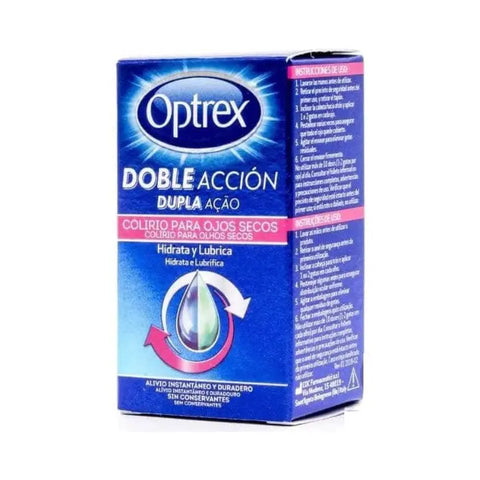 Optrex Doble Acción Dry Eyes Eyedrops 10ml bottle with clear label, designed to soothe and hydrate dry eyes.