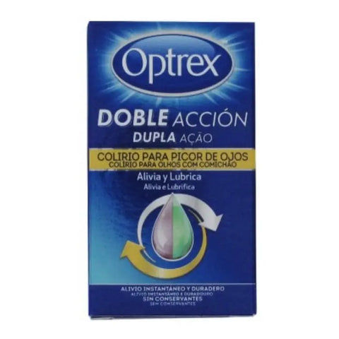 Optrex Doble Acción Itchy Eyes Eyedrops in 10ml bottle, designed for soothing relief from eye discomfort, by Jag Couture London New York.