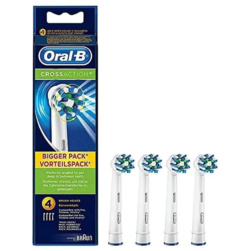 Oral-B Pro Cross Action toothbrush refills, 4 units, designed for deep cleaning and plaque removal, by Jag Couture London New York.