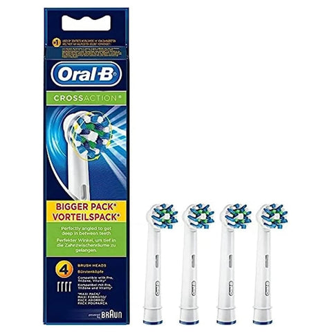 Oral-B Pro Cross Action electric toothbrush refill pack with 4 units, featuring precision cleaning bristles for effective oral hygiene.