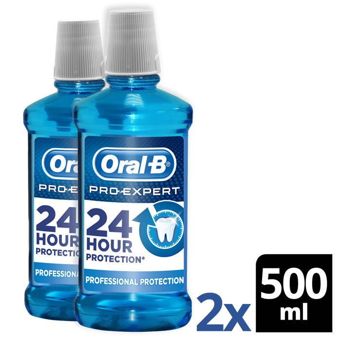 Set of two Oral-B Pro-Expert Mouthwash bottles with professional protection formula, 500ml each, by Jag Couture London New York.