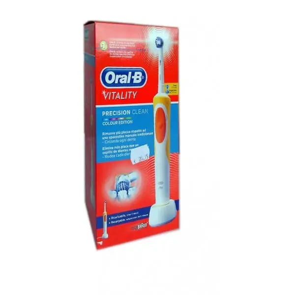 Oral-B Vitality Deluxe Precision Clean electric toothbrush with one unit, featuring a sleek design and clean bristle head.