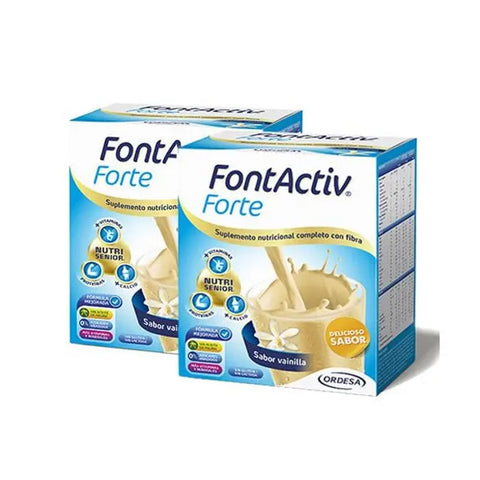 Ordesa Fontactiv Duplo Forte Vanilla supplement sachets by Jag Couture London New York, two packs of 14 vanilla-flavored nutrition.