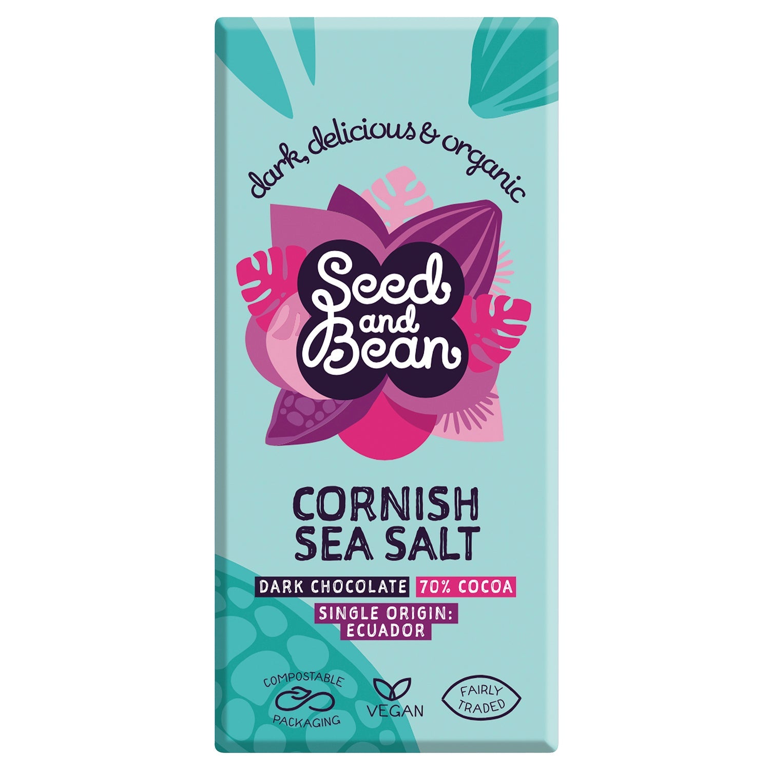 Organic Ecuadorian 70% dark chocolate bar with Cornish sea salt by Jag Couture London - New York, showing the chocolate bar with sea salt crystals