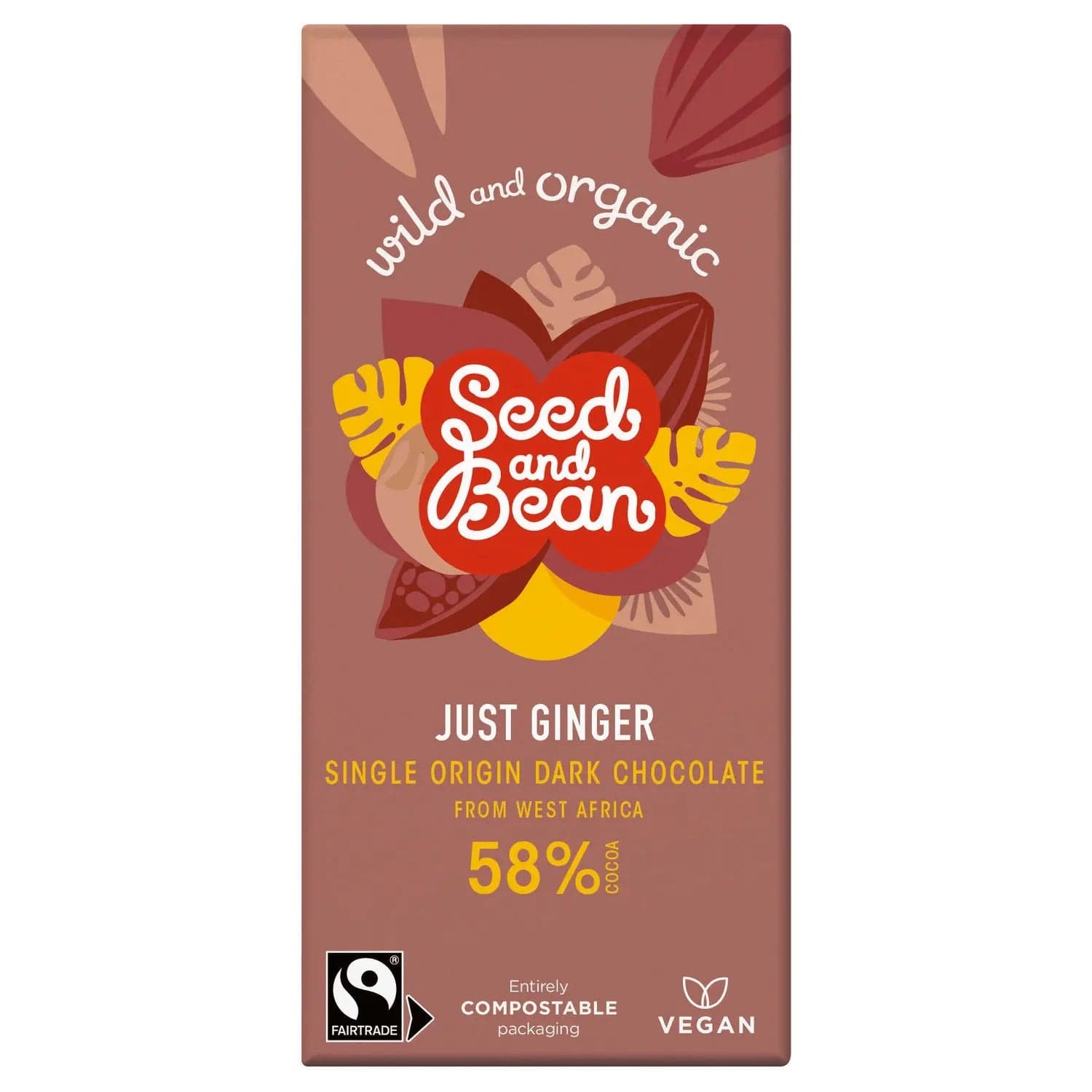 Organic and fair trade 58% dark chocolate bar with ginger by Jag Couture London New York, showing chocolate pieces with ginger bits.