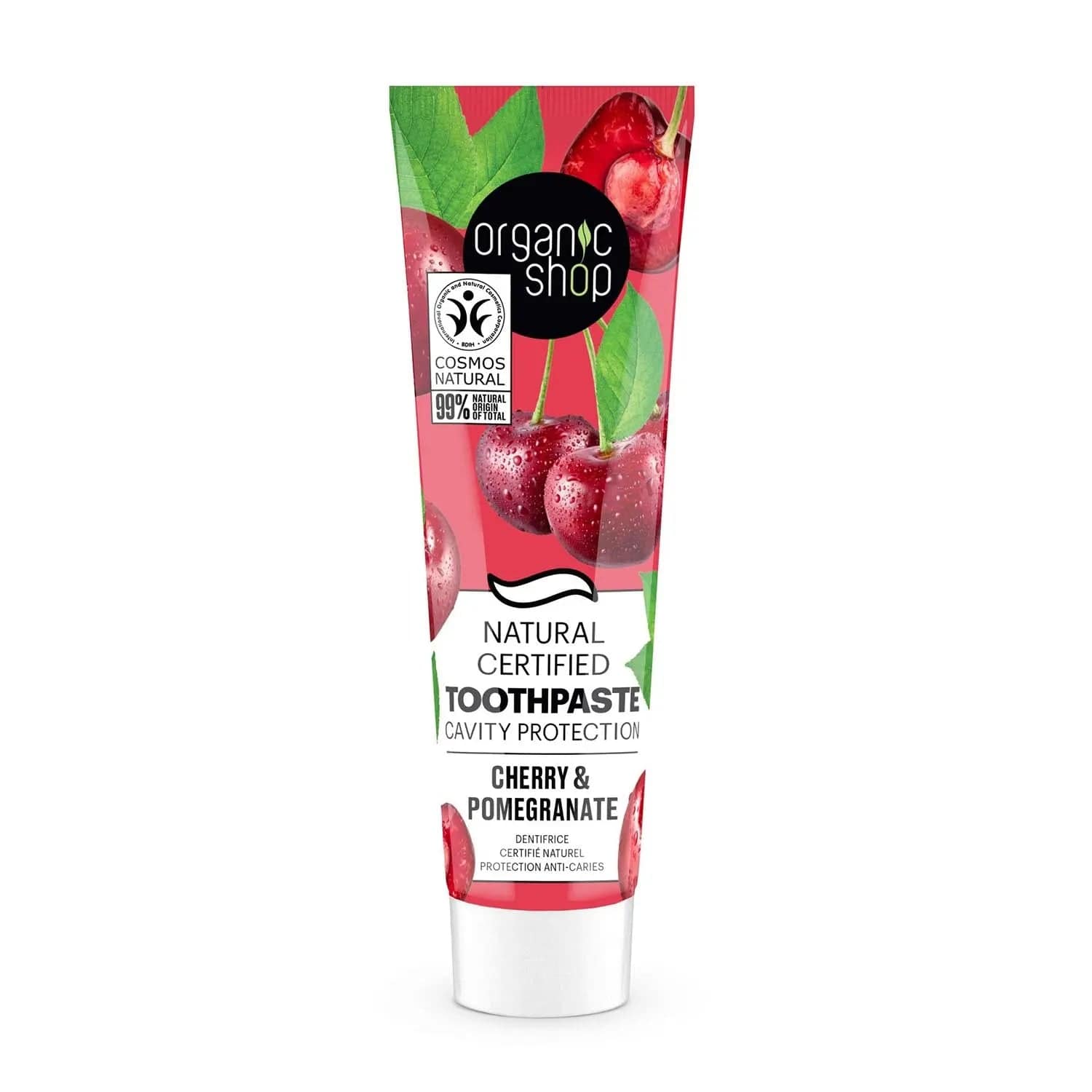 Jag Couture London New York Organic Shop Cherry Dentifrico 100g toothpaste tube with cherry flavor and cavity protection labeling.