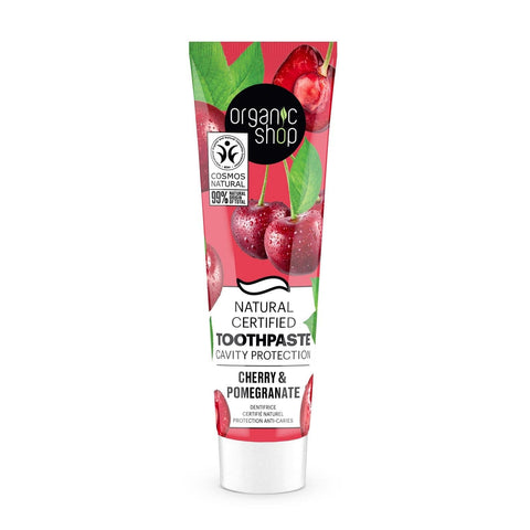 Organic Shop Cherry Dentifrico by Jag Couture London, 100g, showing a tube of cavity protection toothpaste with cherry flavor.
