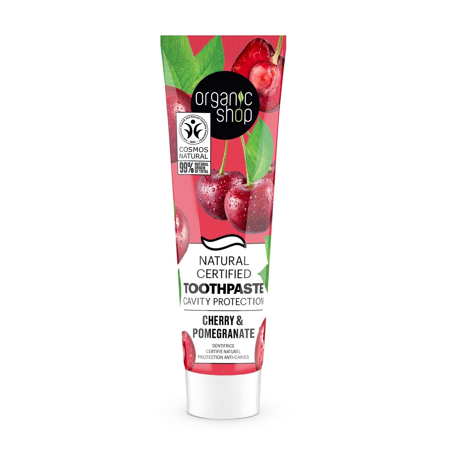 Organic Shop Cherry Dentifrico by Jag Couture London, 100g, featuring cherry flavor and cavity protection in a dental toothpaste tube.