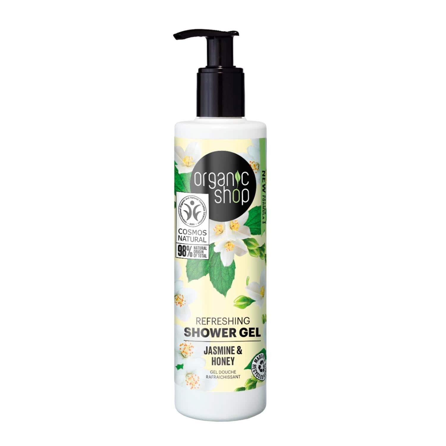 Organic Shop Jasmine Shower Gel by Jag Couture London - New York in a 280ml bottle, featuring fresh jasmine scent.