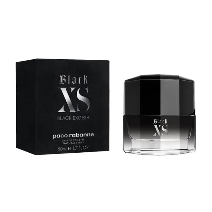 Paco Rabanne Black XS Eau De Toilette spray 50ml displayed, featuring sleek black bottle with silver cap, on a white background.