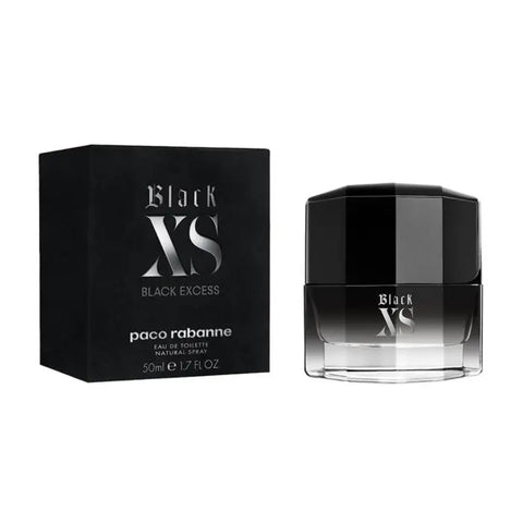 Paco Rabanne Black XS Eau De Toilette spray 50ml bottle with sleek black design, displayed on a neutral background.