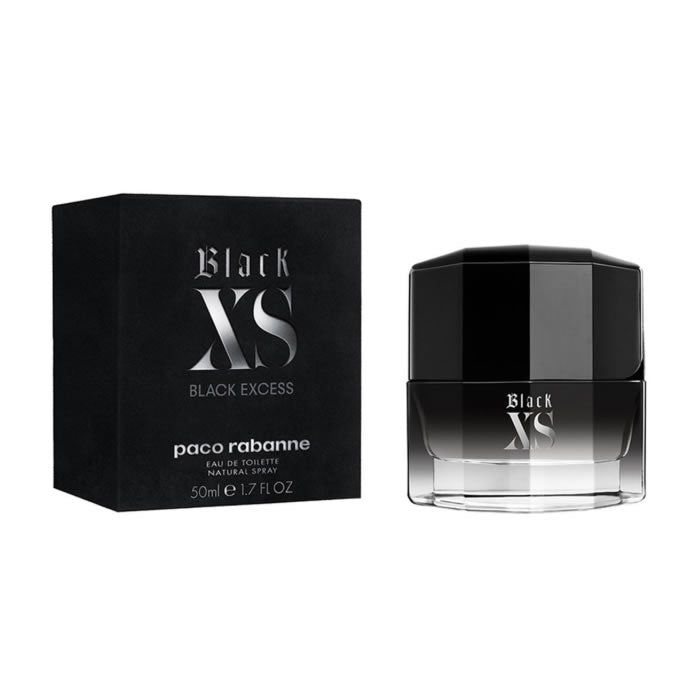 Paco Rabanne Black XS Eau De Toilette spray 50ml featuring sleek black packaging and elegant design.