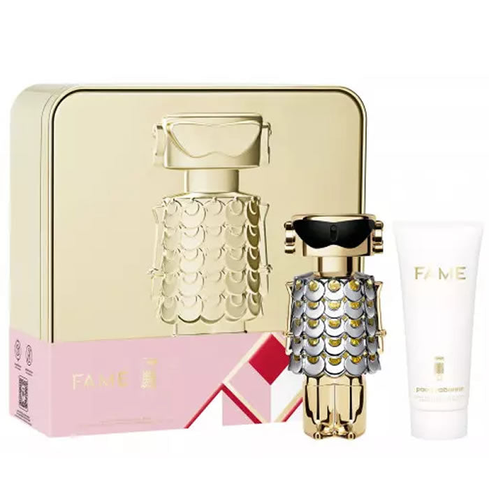 Paco Rabanne Fame Eau De Perfume Spray 80ml in a Christmas gift set, featuring elegant packaging with the perfume bottle and accessories.