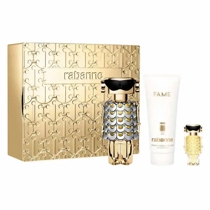 Paco Rabanne Fame perfume spray set with three 80ml bottles, featuring elegant packaging and modern fragrance design.