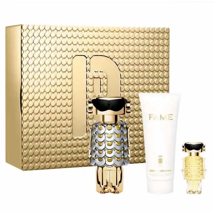 Set of three Paco Rabanne Fame Eau De Perfume sprays in 80ml bottles, featuring sleek bottles with gold accents.