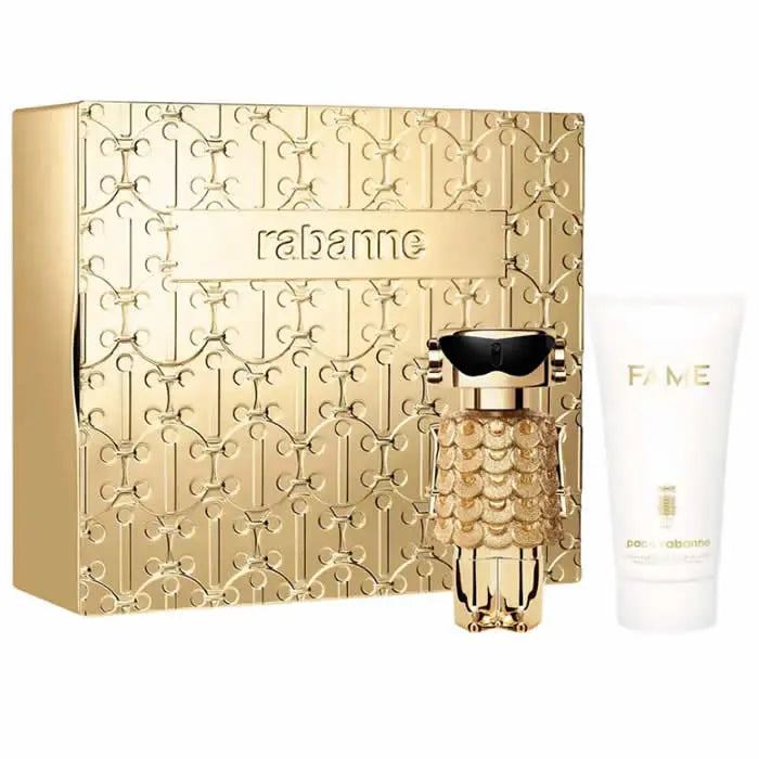 Set of two Paco Rabanne Fame Intense Eau de Perfume Spray 50ml bottles, featuring sleek bottles with gold accents and modern design.