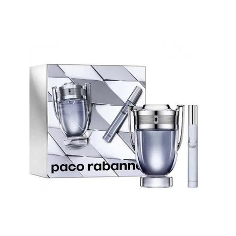 Two Paco Rabanne Invictus Eau de Toilette spray bottles, 100ml each, displayed together in a set with sleek packaging.