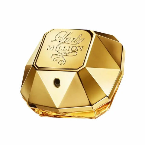 Paco Rabanne Lady Million Eau De Perfume spray 50ml, elegant bottle with gold accents, displayed on a white background.