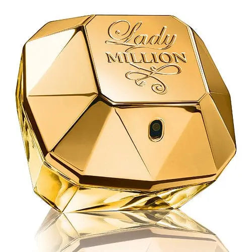 Paco Rabanne Lady Million Eau de Parfum spray 80ml with sleek gold bottle, displayed on a neutral background.