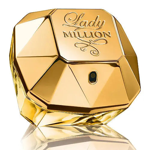 Paco Rabanne Lady Million Eau De Perfume spray 80ml bottle with gold accents, displayed on a neutral background.