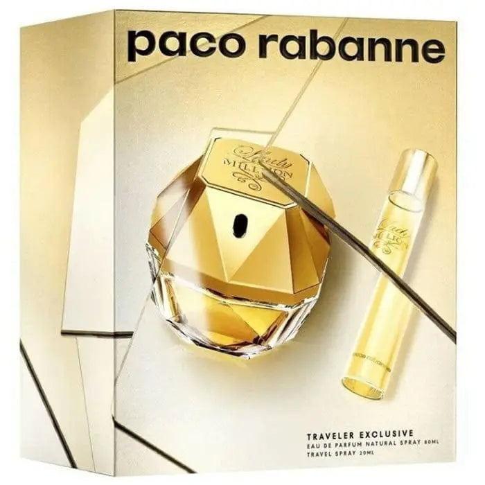 Paco Rabanne Lady Million Eau De Parfum spray 80ml set, featuring two elegant perfume bottles with gold accents and luxurious packaging
