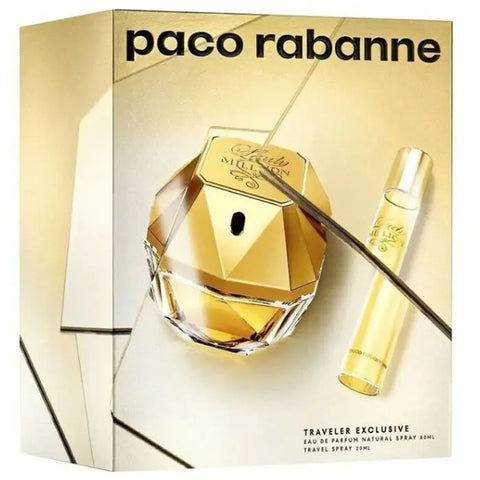 Two Paco Rabanne Lady Million Eau De Parfum spray bottles, 80ml set, with elegant packaging and gold accents.