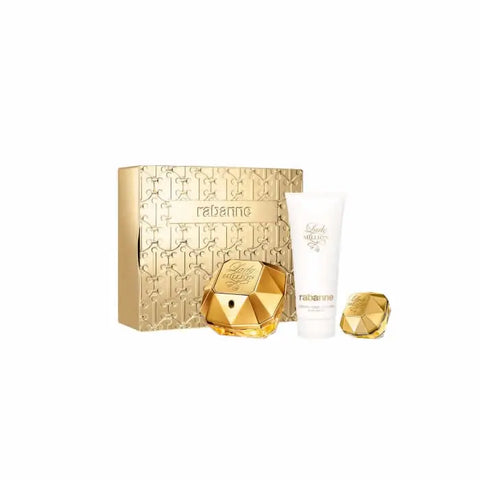 Set of three Paco Rabanne Lady Million Eau De Perfume Spray 80ml bottles in elegant packaging, showcasing the luxury fragrance collection.