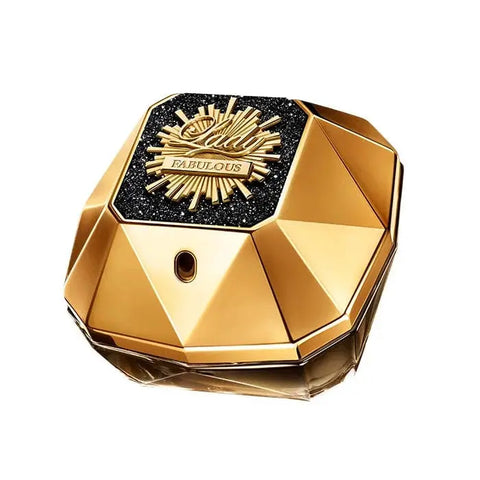 Paco Rabanne Lady Million Fabulous Eau De Parfum Intense spray 80ml, luxurious perfume bottle with gold accents, on a white background.