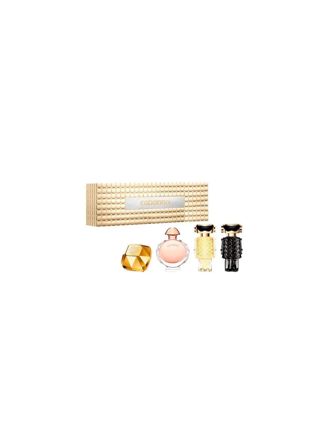 Assorted Paco Rabanne miniature perfumes including Olympéa, Lady Mil, and Fame in small 4-6ml bottles displayed together.