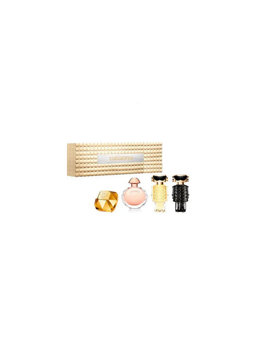 Miniature Paco Rabanne fragrance set including Olympéa EdP 6ml, Lady Mil EdP 5ml, Fame EdP 4ml, and Fame Int EdP 4ml.
