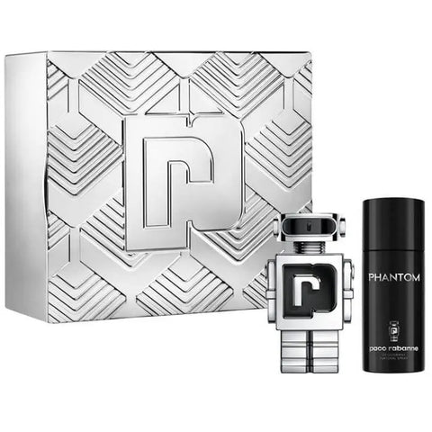 Paco Rabanne Phantom Eau de Toilette spray 100ml in Christmas set, featuring sleek bottle and festive packaging.