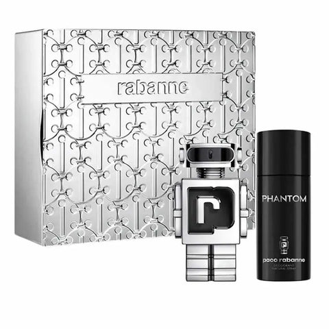 Two bottles of Paco Rabanne Phantom Eau De Toilette Spray 100ml set, featuring sleek design and modern branding, displayed side by side.