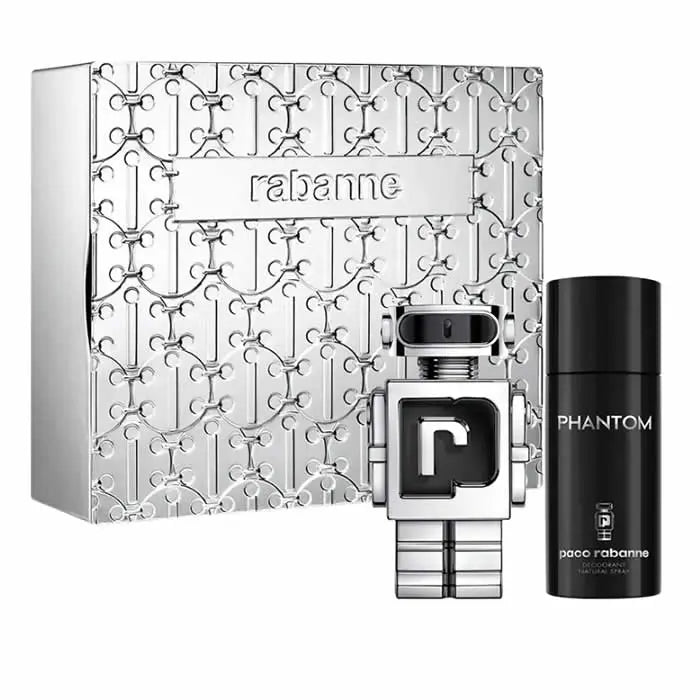 Paco Rabanne Phantom Eau de Toilette spray 100ml set with two bottles, featuring sleek packaging and modern design.