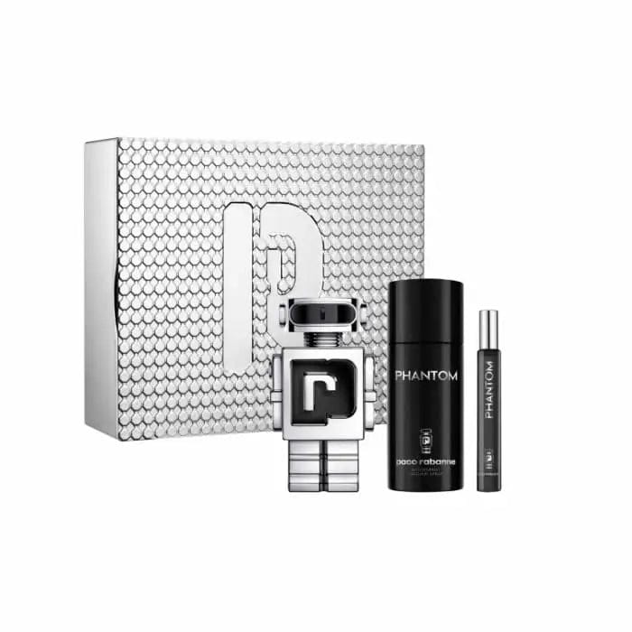 Set of three Paco Rabanne Phantom Eau de Toilette 100ml spray bottles, featuring sleek bottles with modern design.