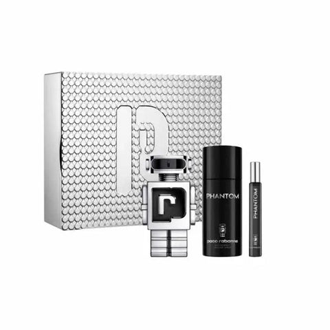 Set of three Paco Rabanne Phantom Eau de Toilette 100ml spray bottles, featuring sleek bottles with modern design.