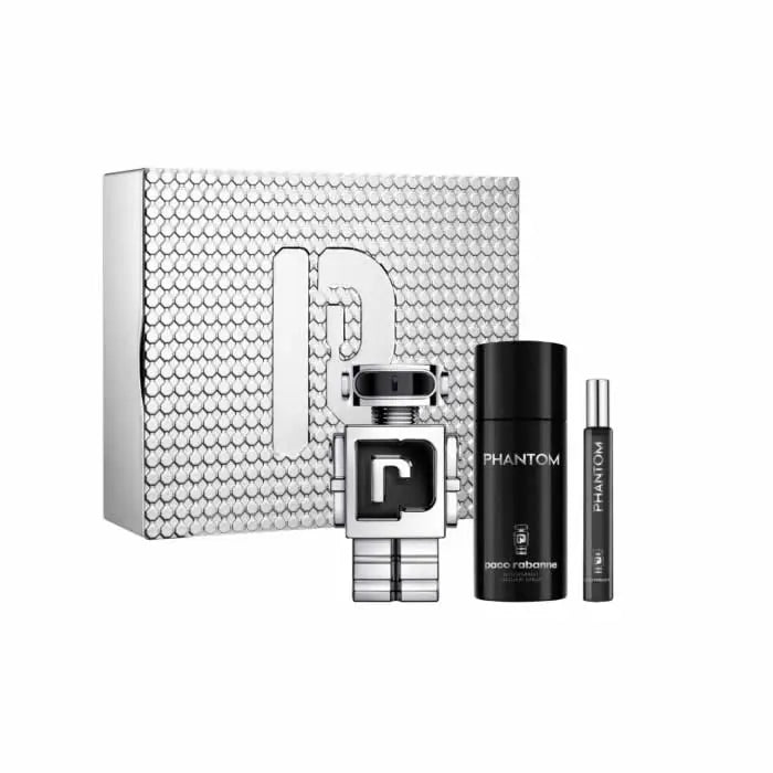 Set of three Paco Rabanne Phantom Eau De Toilette 100ml spray bottles, sleek design with modern packaging.
