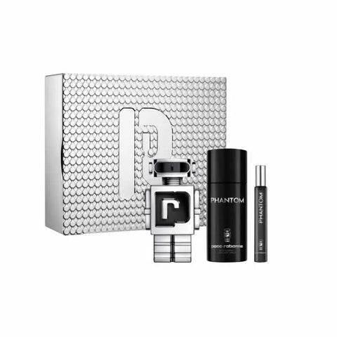 Paco Rabanne Phantom Eau de Toilette spray 100ml set with three pieces, featuring sleek bottles and modern design.