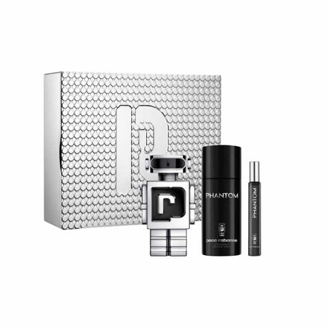 Set of three Paco Rabanne Phantom Eau De Toilette Spray 100ml bottles with sleek design and modern packaging.