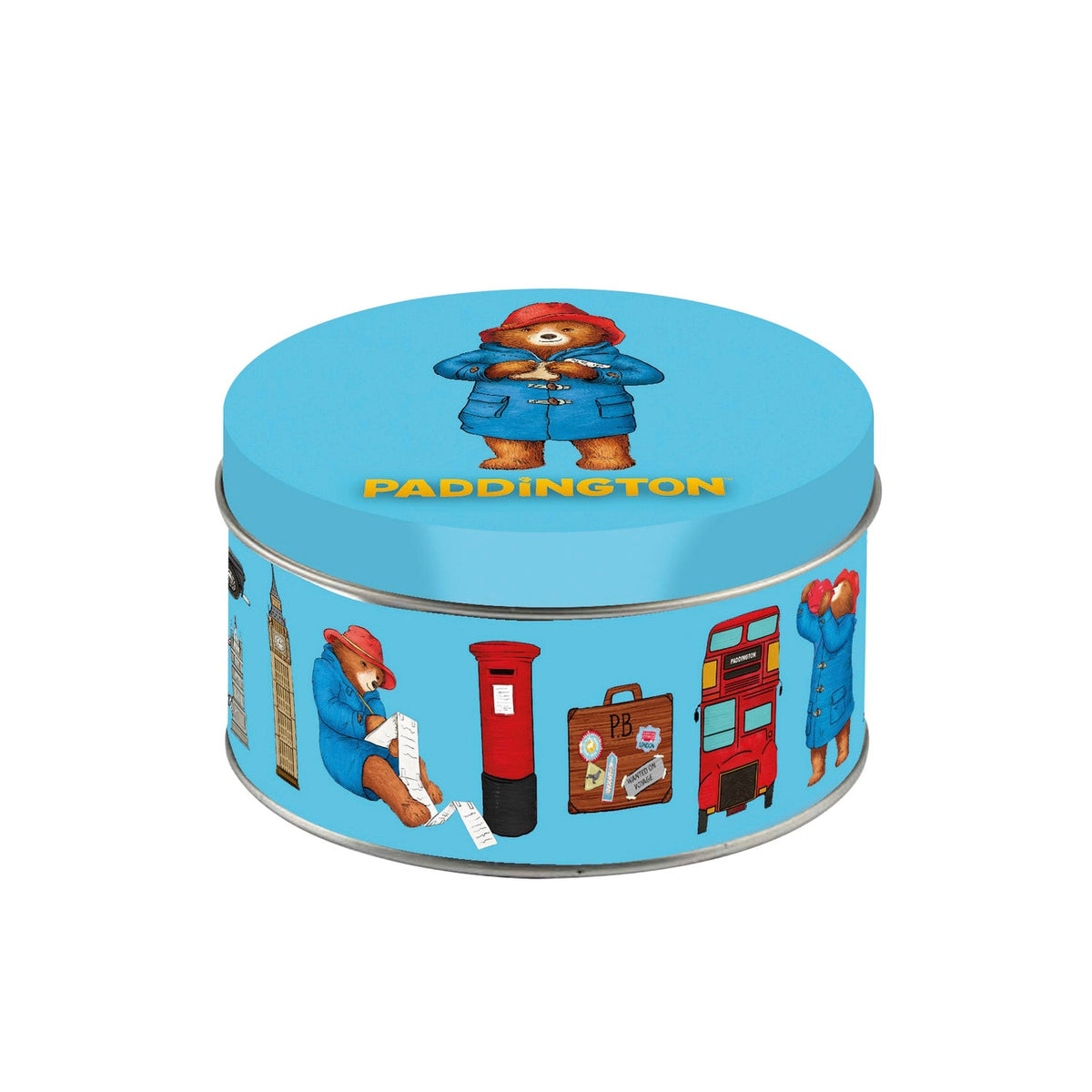 Paddington Bear gift tin containing mini chocolate buttons from Jag Couture London - New York, featuring a colorful Paddington design.