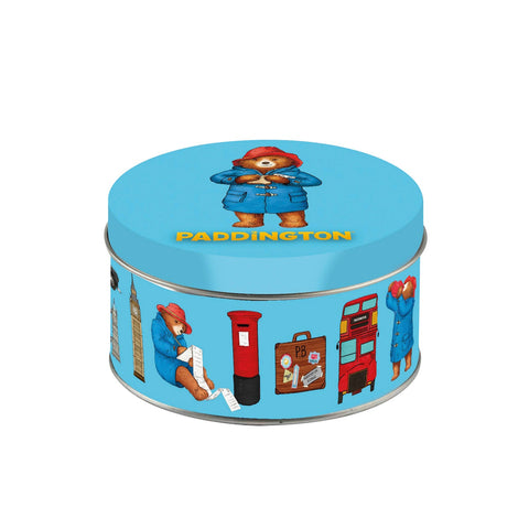 Paddington Bear gift tin containing mini chocolate buttons from Jag Couture London - New York, featuring a colorful Paddington design.