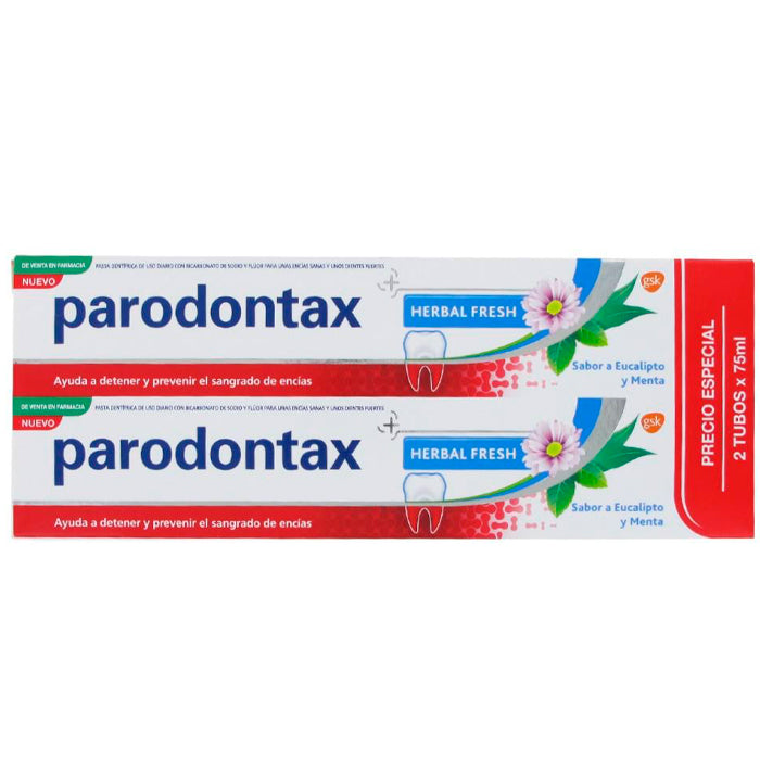Paradontax Duplo Herbal Fresh toothpaste in 75ml tubes, featuring natural herbal formula for fresh breath and oral health.