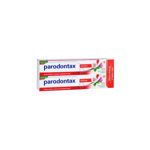 Paradontax Original toothpaste 2x75ml bottles by Jag Couture London New York, featuring white and blue packaging.