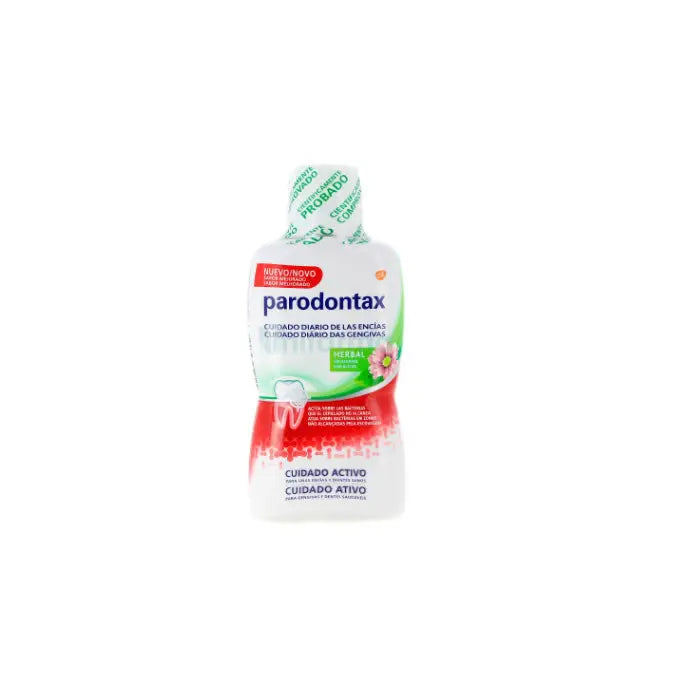 Parodontax Herbal Daily Gum Care mouthwash bottle with label, 500ml, by Jag Couture London New York, displayed on a clean surface.